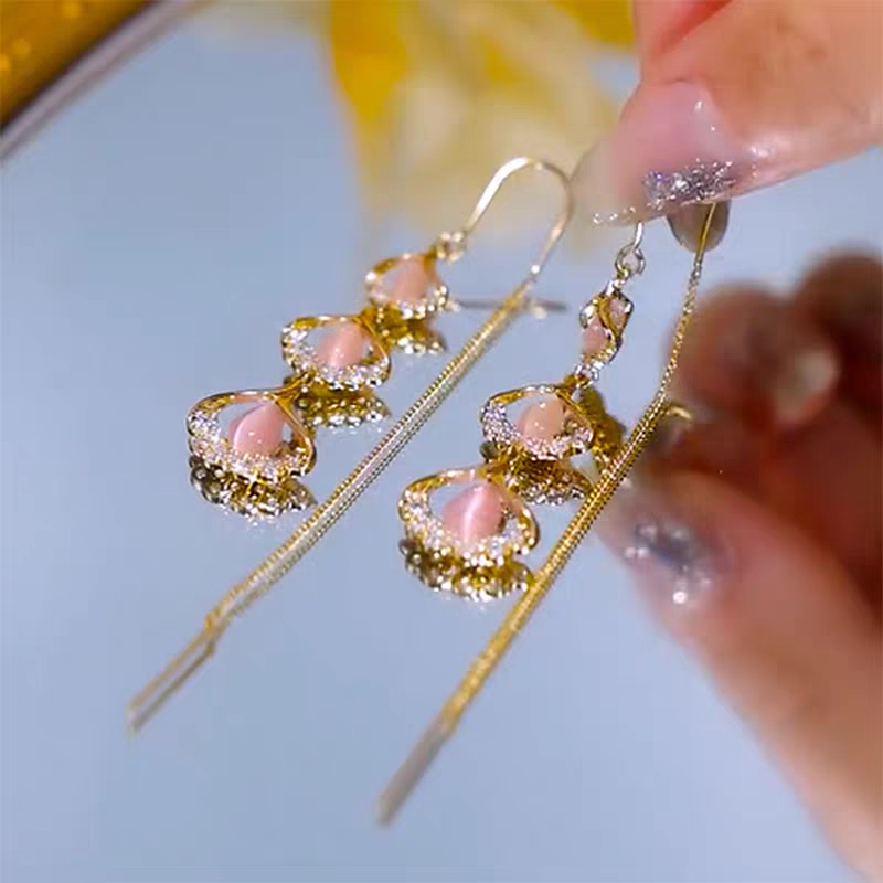 Pink Long Chain Tassel Earrings